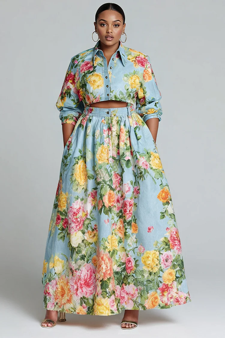 Xpluswear Design Plus Size Vacation Multicolor Floral Shirt Collar 3/4 Sleeve Pocket Two Piece Skirt Sets [Pre-Order] 2024 - Xpluswear