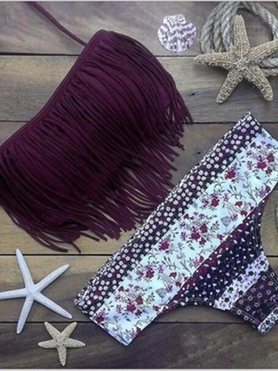 Tassel Tinny Floral Printed Bikini Set