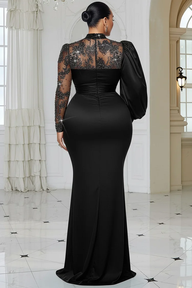 Xpluswear Design Plus Size Formal Blue Mock Neck Lantern Sleeve Long Sleeve Drilling Elegant See Through Tulle Satin Maxi Dresses [Pre-Order]
