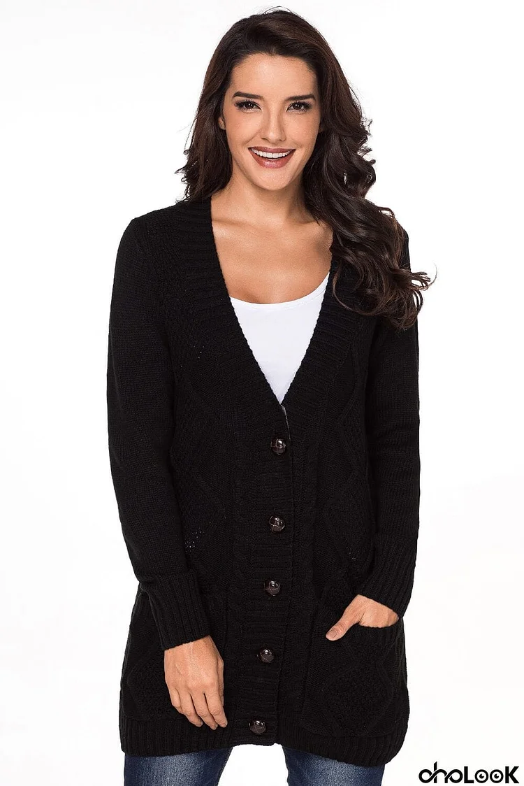 Multicolor Front Pocket and Buttons Closure Cardigan