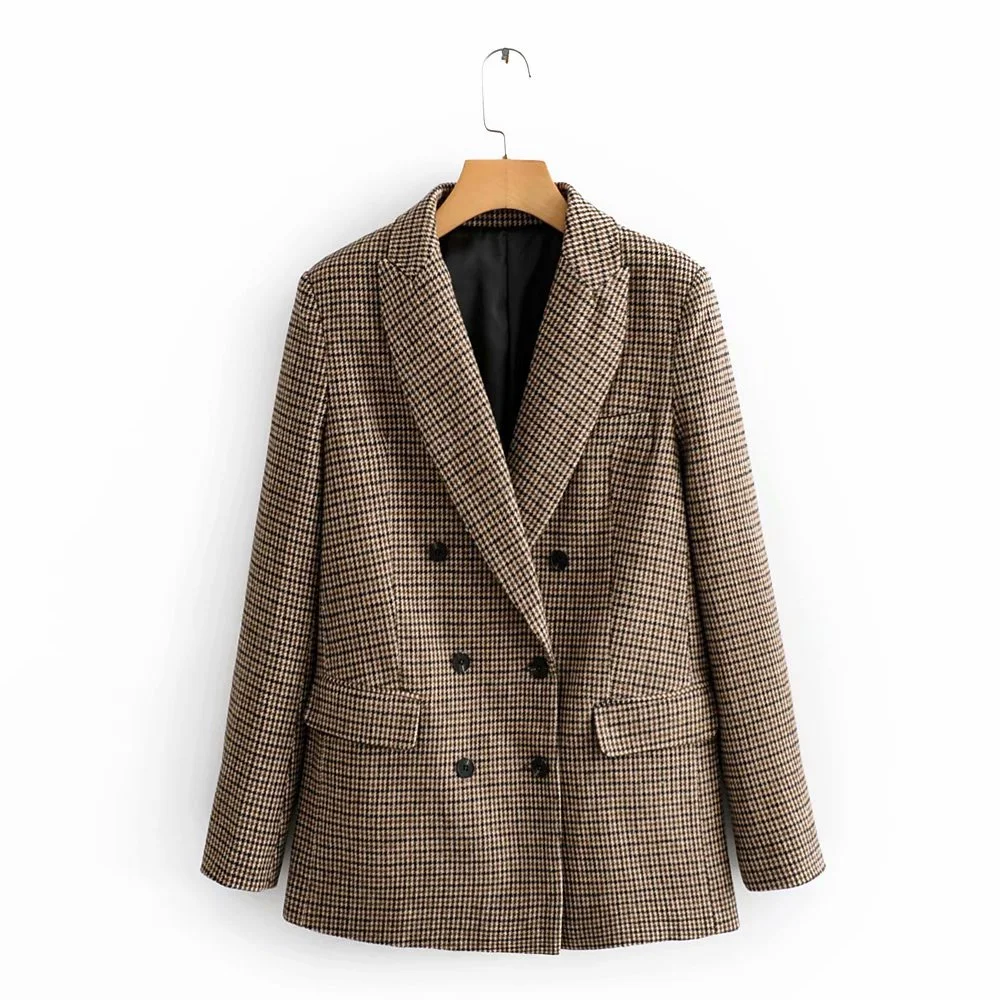 2021 Spring Woolen Lattice Suit  Jacket Ladies Office Blazer Double Breasted Loose Coat European Women Clothing