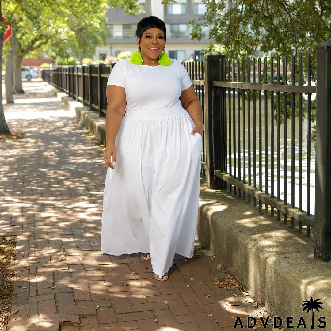 Women Plus Size Solid Color Short Sleeve Casual Maxi Dress