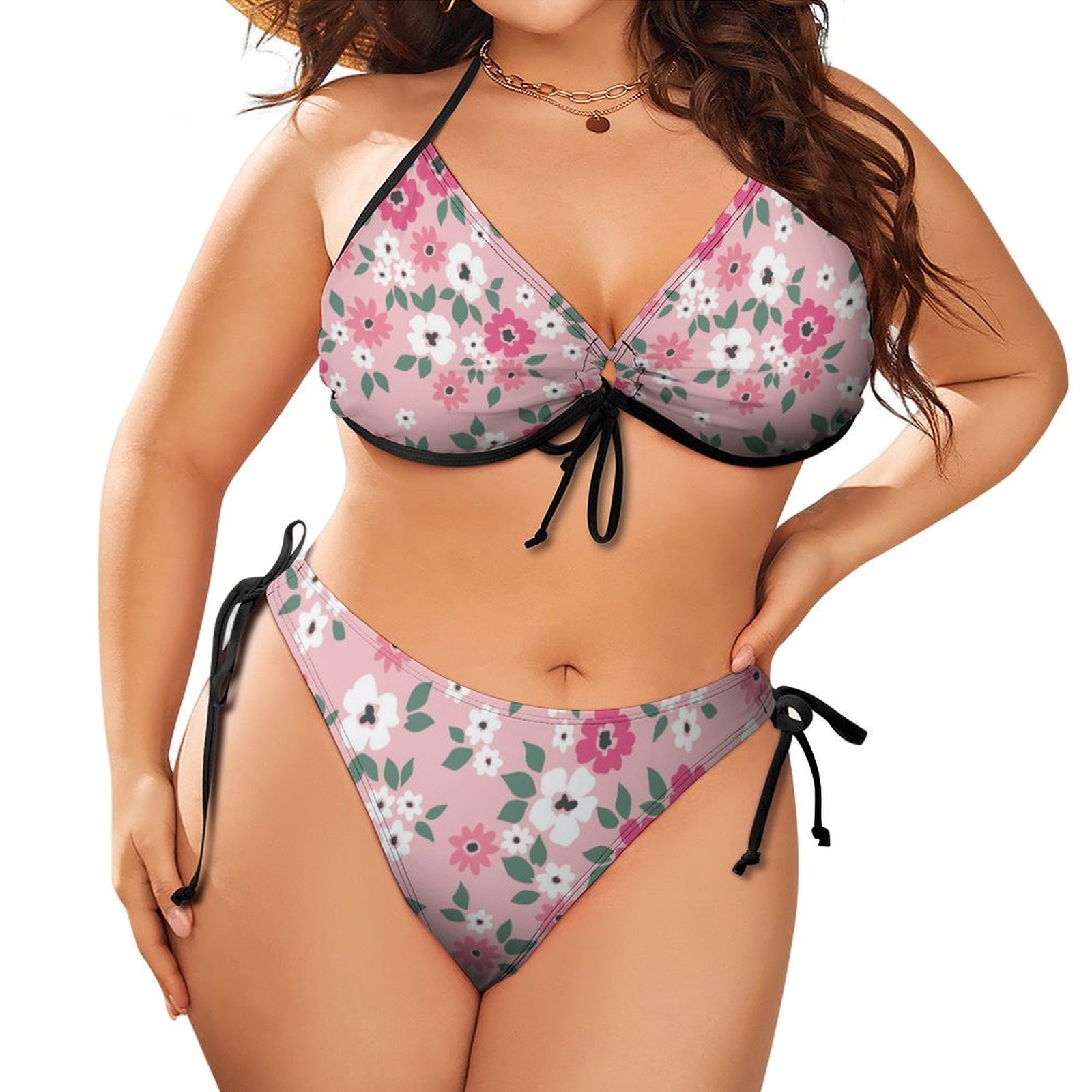 Women's White And Pink Flowers Plus Size Triangle Bikini String Two Piece Halter Tie Side Swimsuit