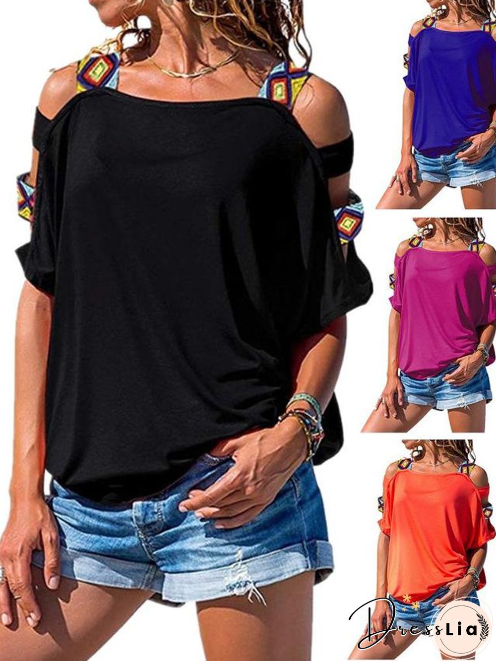 Women's Solid-colored Hollow Short-sleeved Off-the-shoulder T-shirt Top