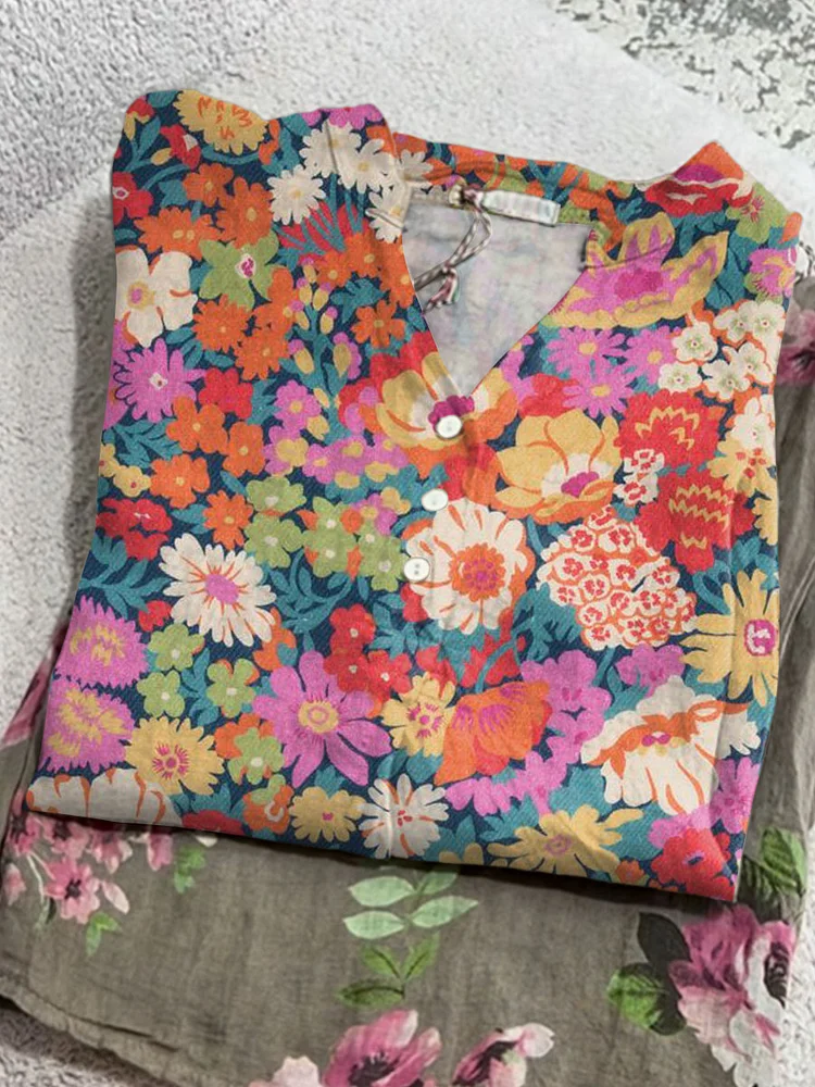 Women's Art Colourful Creative Flowers Print Casual Cotton And Linen Ruffle Shirt