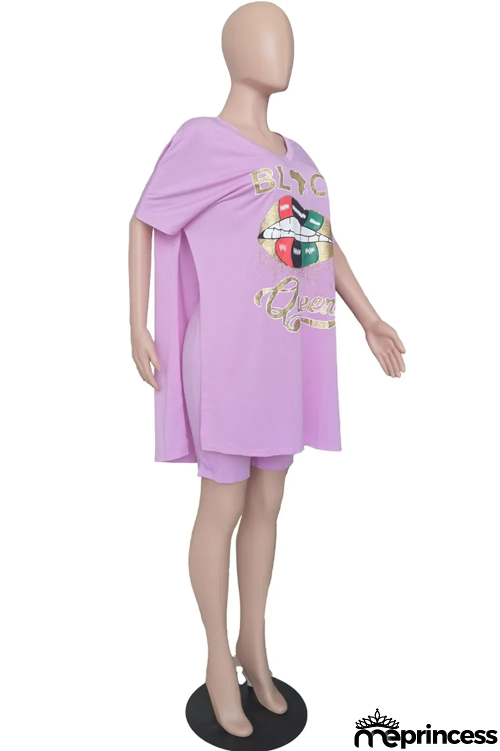 Rose Red Fashion Casual Letter Lips Printed Slit V Neck Two Pieces