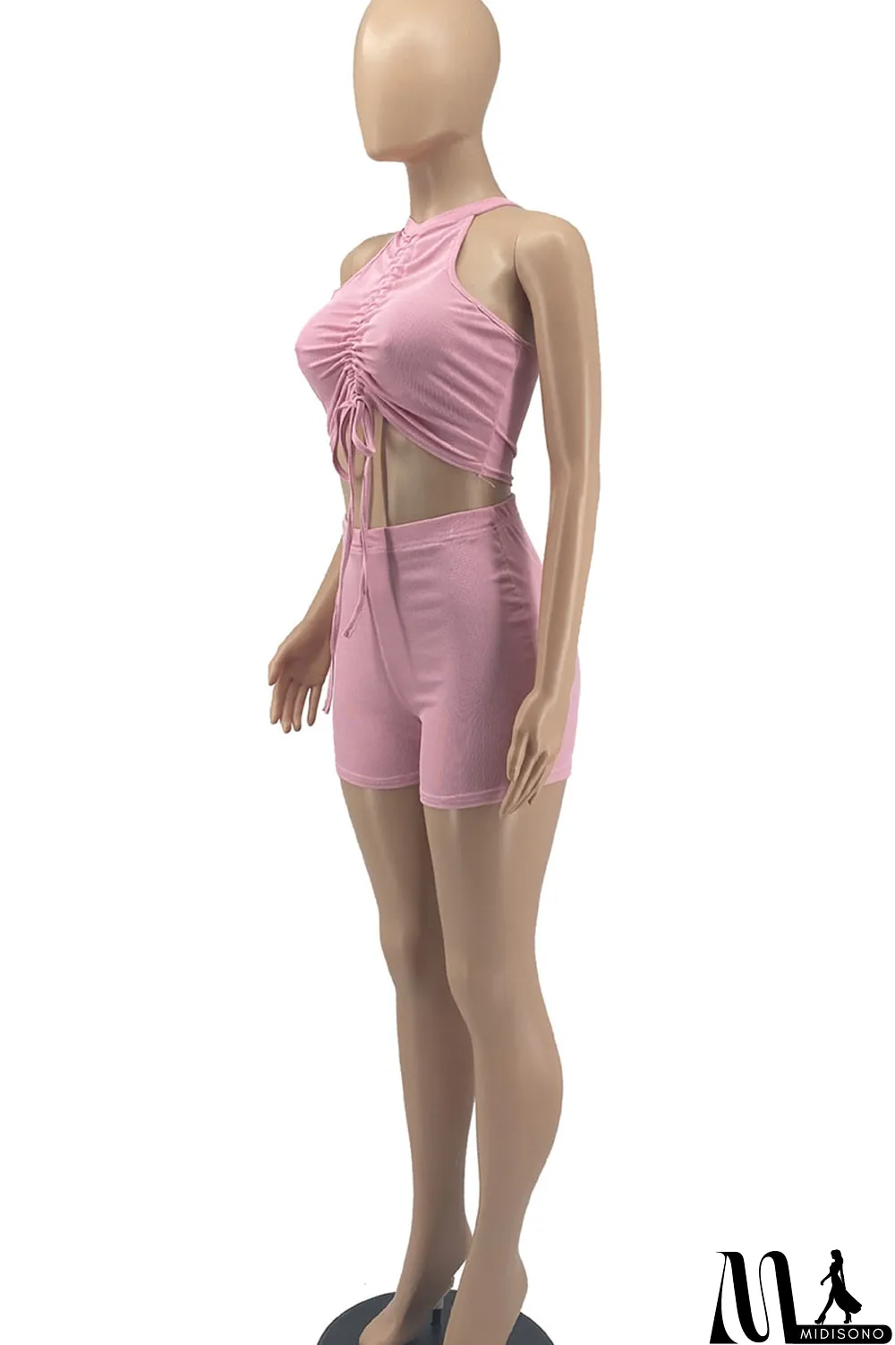 MidiSono - Red Sexy Sportswear Solid Patchwork Draw String Fold O Neck Sleeveless Two Pieces