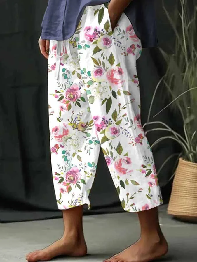 Women's Vintage Floral Print Wide Leg Pants