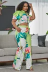 Floral Print Turndown Collar Short Puff Sleeve Tie Up Crop Top Straight Leg Pants Matching Set [Pre Order]