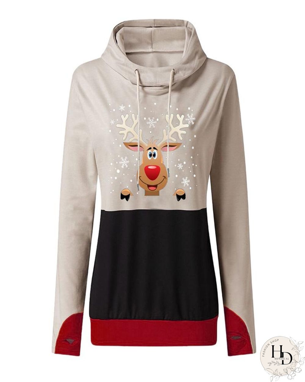 Christmas Moose Print Colorblock Hooded Top