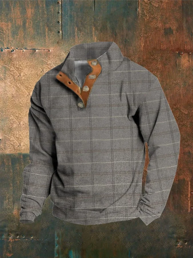 Men'S Plaid Print Button Casual Sweatshirt