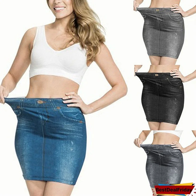Women Fashion Print Seamless Skirt Faux Denim Jean Skirts Short Slim High Waist Elastic Mini Dress Plus Size Jeans