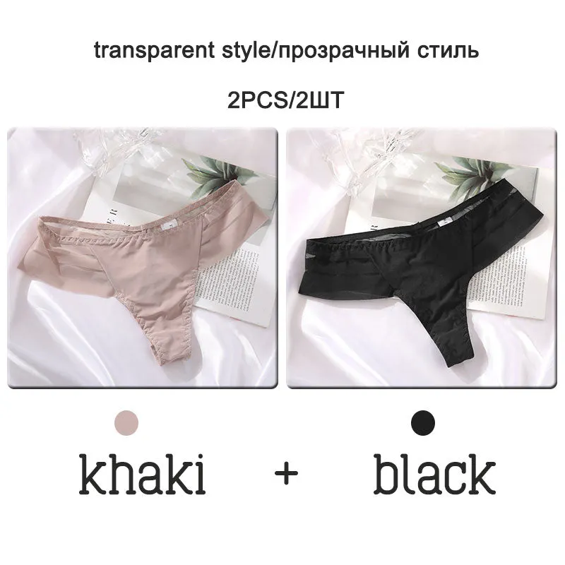 FINETOO 2Pcs/set Sexy Thongs Women Low Waist G-string Panties Fashion Hollow Out Seamless Underwear Perspective Underpants 2021