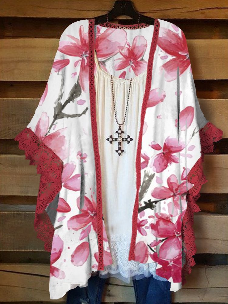 Plus Size Casual Printed Kimono Jacket P178383450