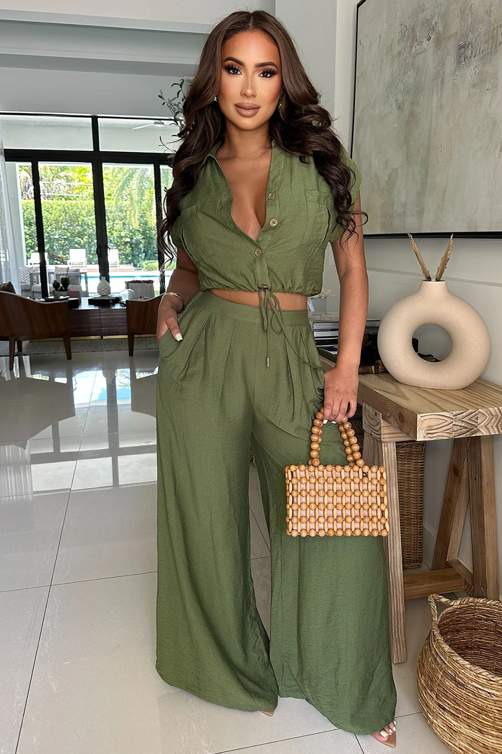 Cap Sleeve Ruched Hem Crop Blouse Wide Leg Pants 2pcs Set-Green [Pre Order]
