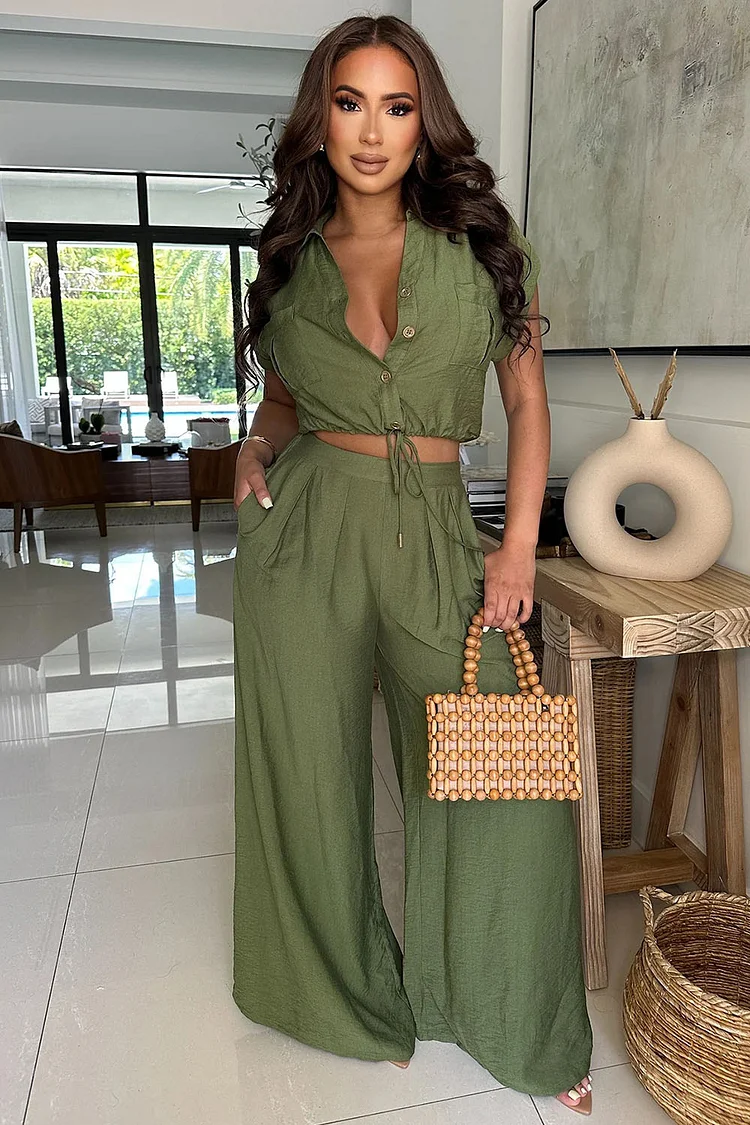 Cap Sleeve Ruched Hem Crop Blouse Wide Leg Pants 2pcs Set-Green [Pre Order]
