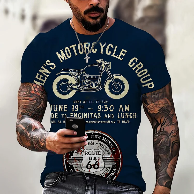 Motorcycle Pattern Street Personality Wild Loose Short-Sleeved Men's T-shirts at Hiphopee