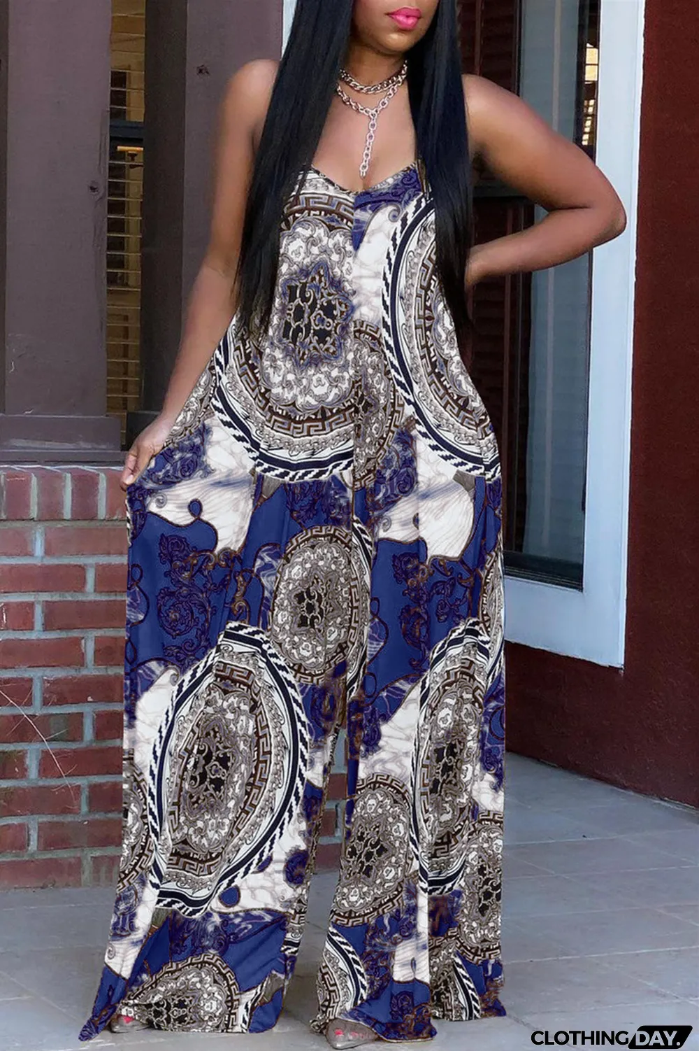 Yellow Sexy Casual Print Backless Spaghetti Strap Loose Jumpsuits