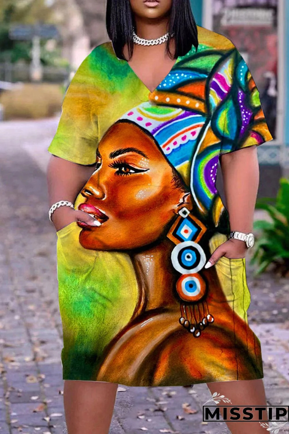 Olive Green Casual Print Patchwork V Neck Straight Dresses