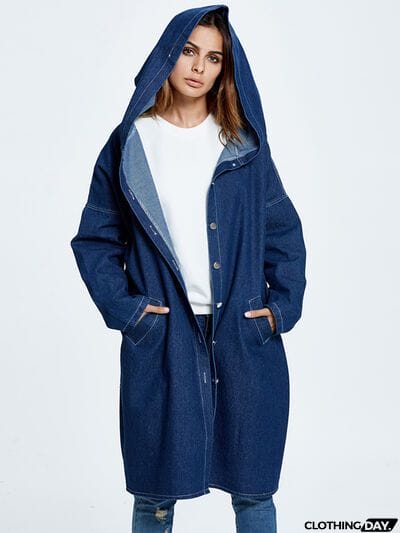 Button Up Dropped Shoulder Hooded Denim Top