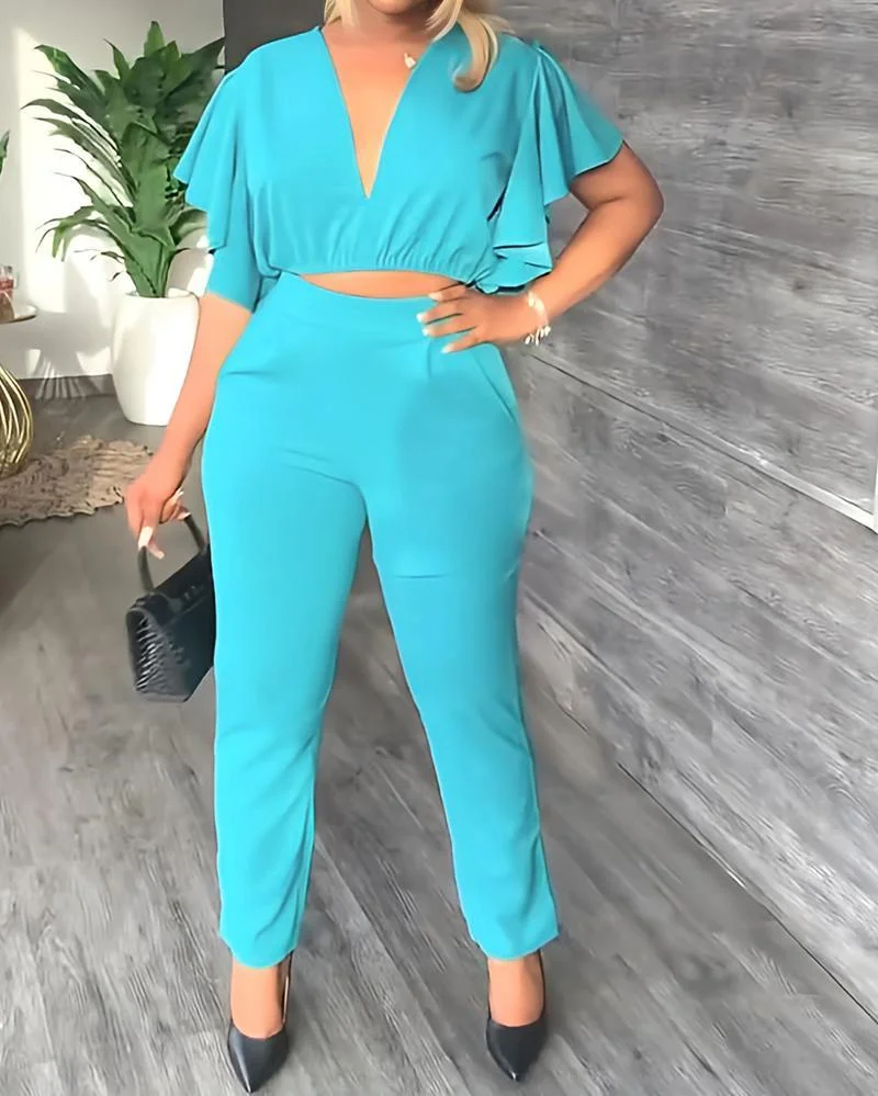 Solid Color Two Piece Suit with Deep V Ruffle Sleeves