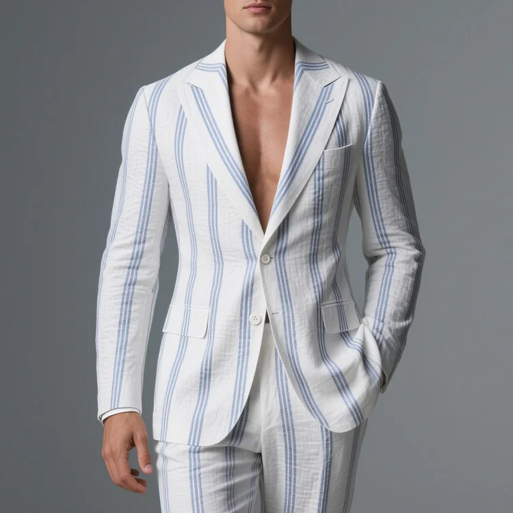Okaywear Peaked Lapel Single Breasted Long Sleeve Stripes Blazer 