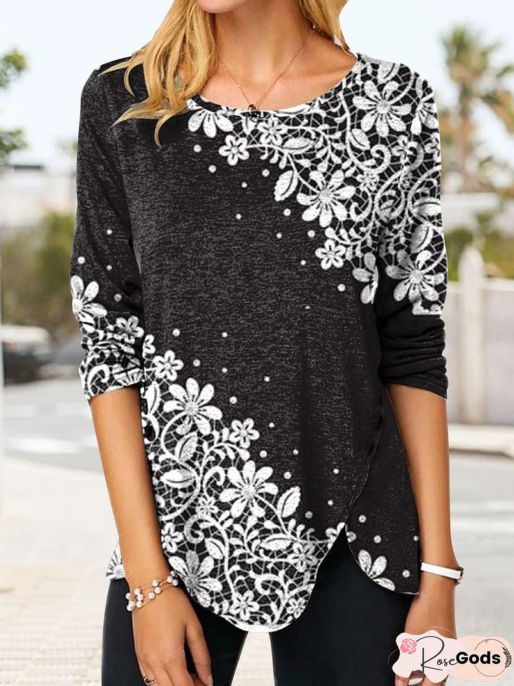 Casual Positioning Floral Design Long Sleeve Knit Top