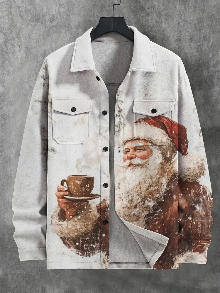 Men's Christmas Santa Drinks Tea Print Denim-Like Long Sleeve Shirt