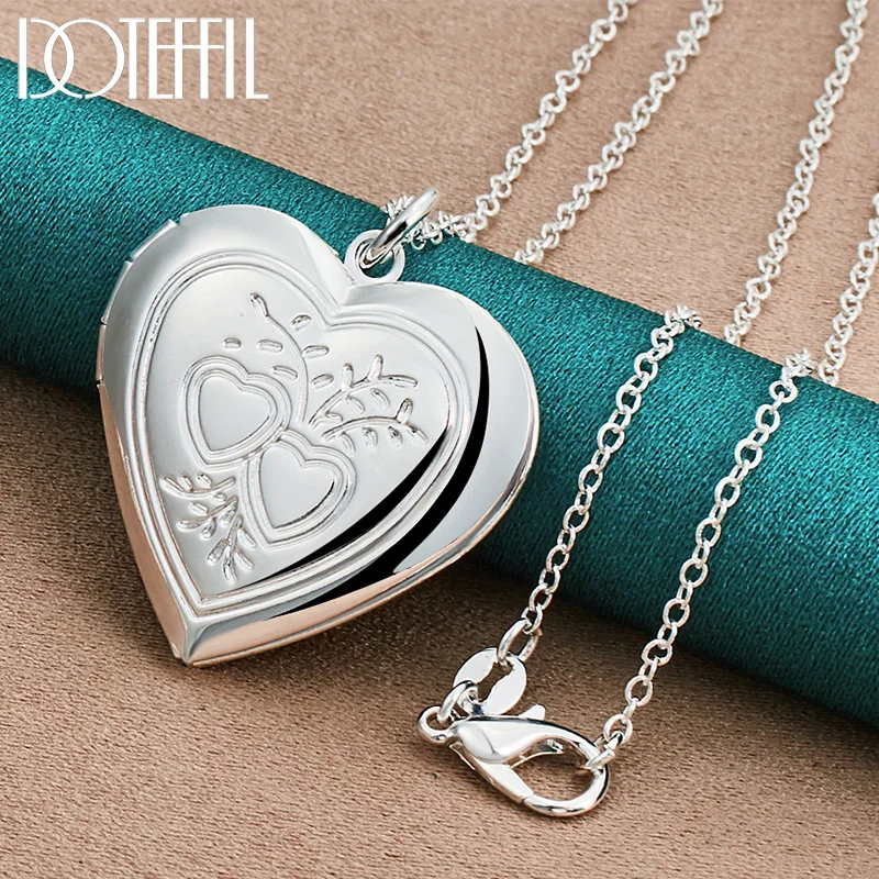 DOTEFFIL 925 Sterling Silver Love Heart Photo Frame Pendant Necklace 16-30 Inch Chain For Women Man Jewelry
