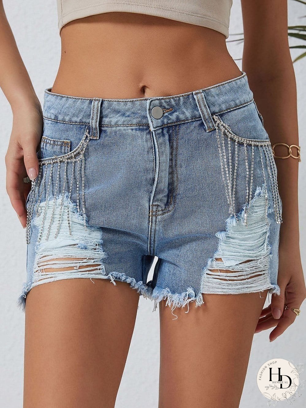 Unique Rhinestone Tassel Denim Shorts