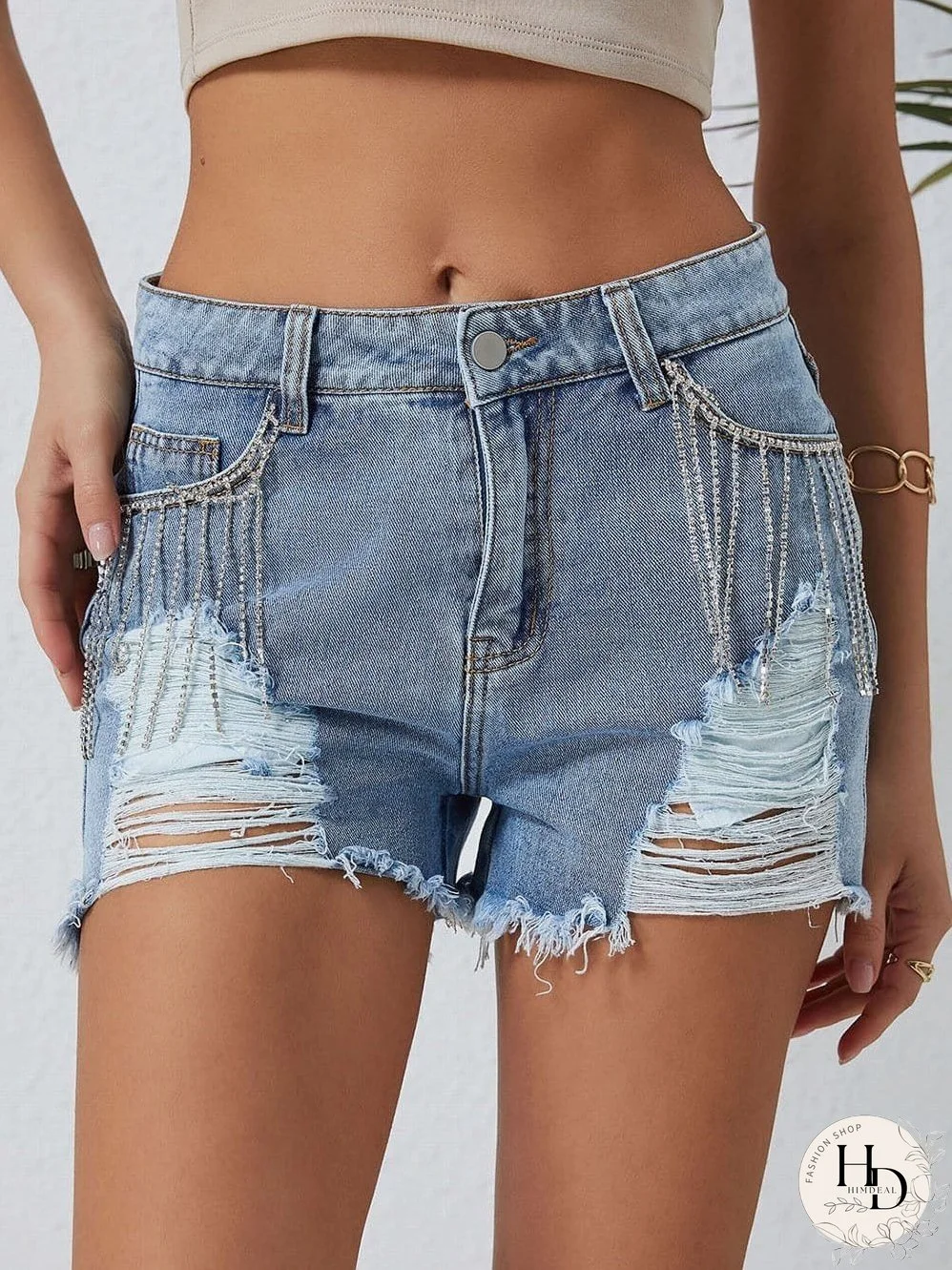 Unique Rhinestone Tassel Denim Shorts