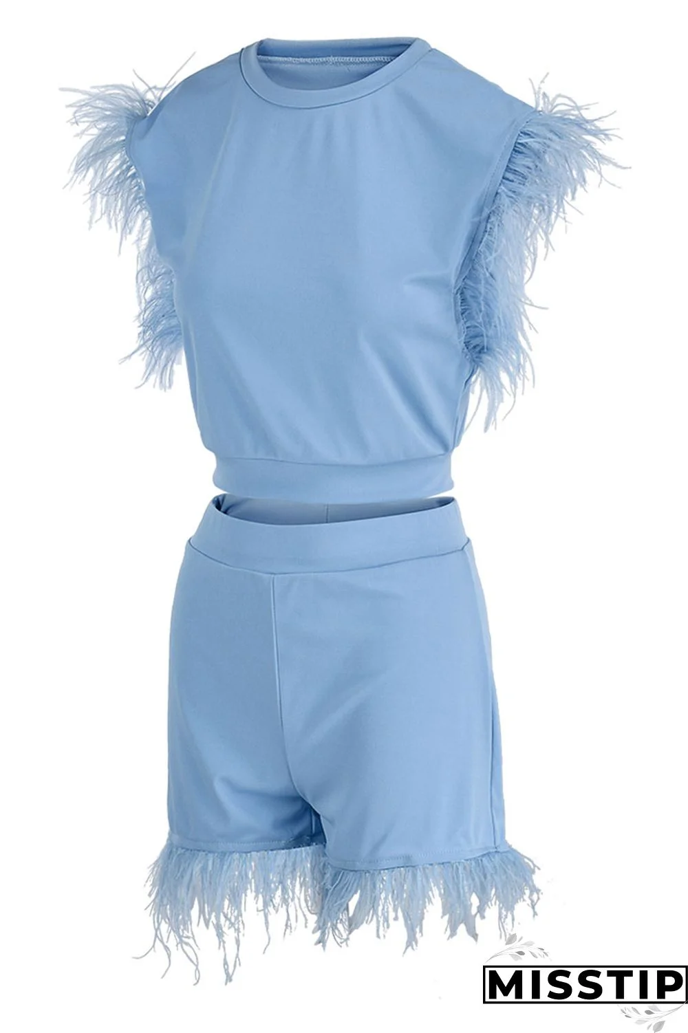 Sky Blue Fashion Casual Solid Patchwork Feathers O Neck Sleeveless Two Pieces