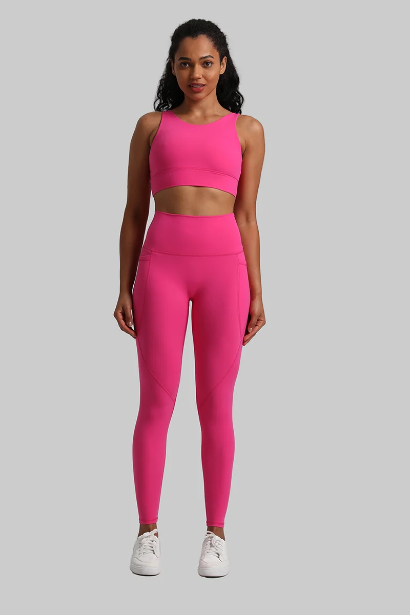 Solid sports bra + side pockets Leggings 2-piece set
