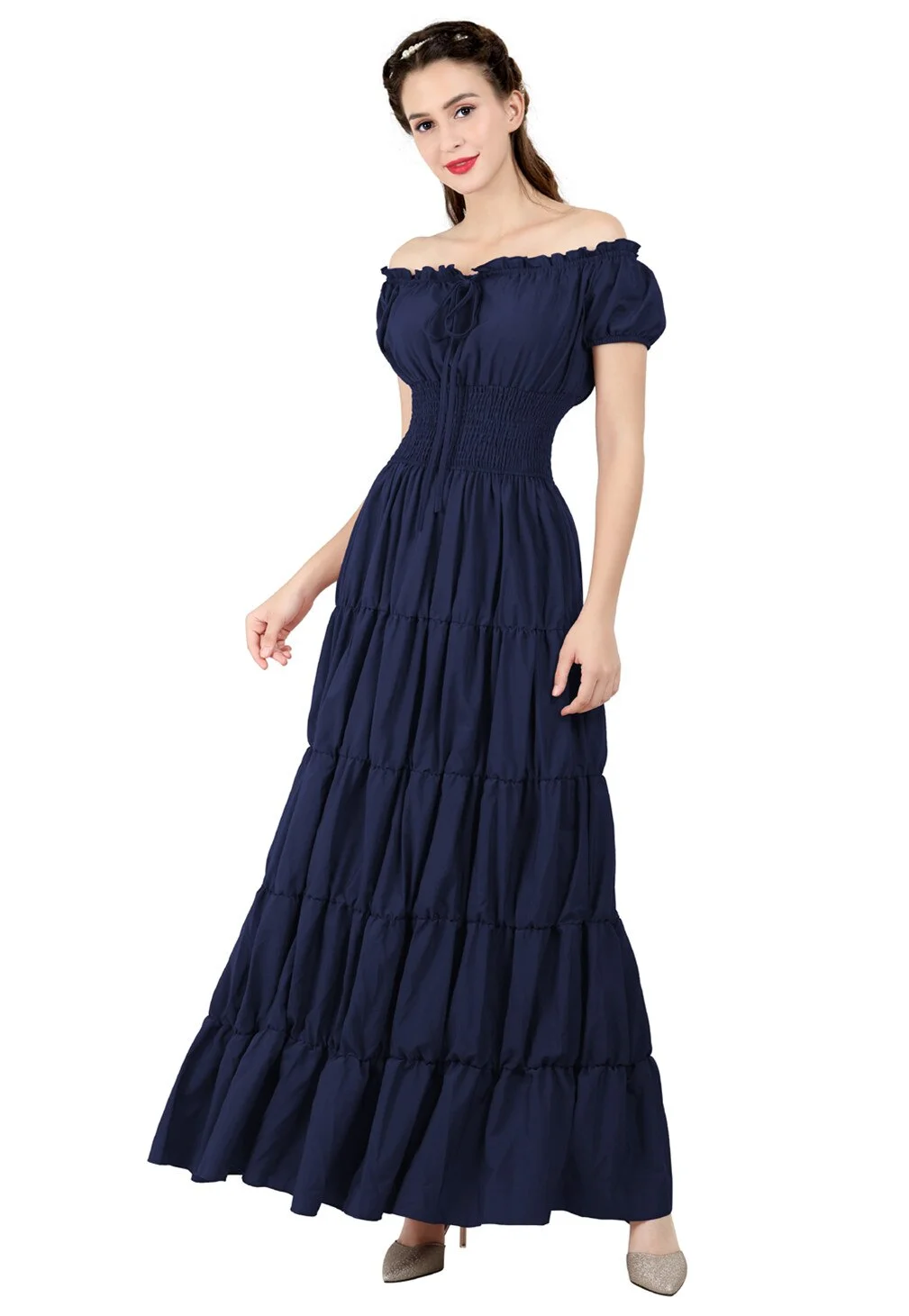 Billionm Women Renaissance Costume Medieval Vintage Dress for Women Party Wedding Short Sleeves Off Shoulder Waist Retro Pleated