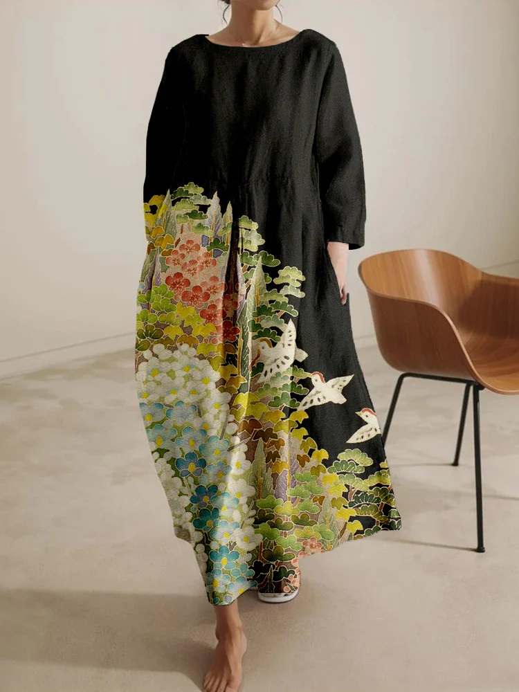 Women's Japanese Art Painting Pattern Linen Blend Midi Dress socialshop