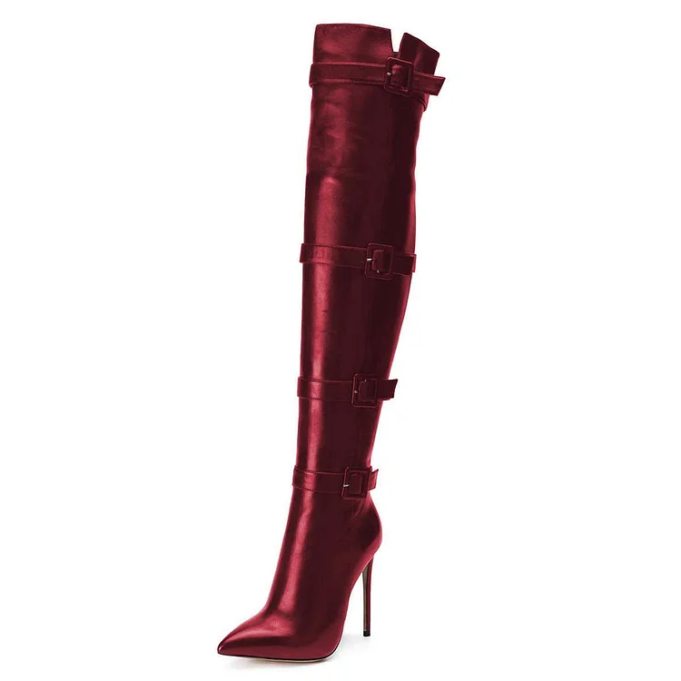 Burgundy Thigh High Heel Boots Pointy Toe Stiletto Heel Long Boots |FSJ Shoes