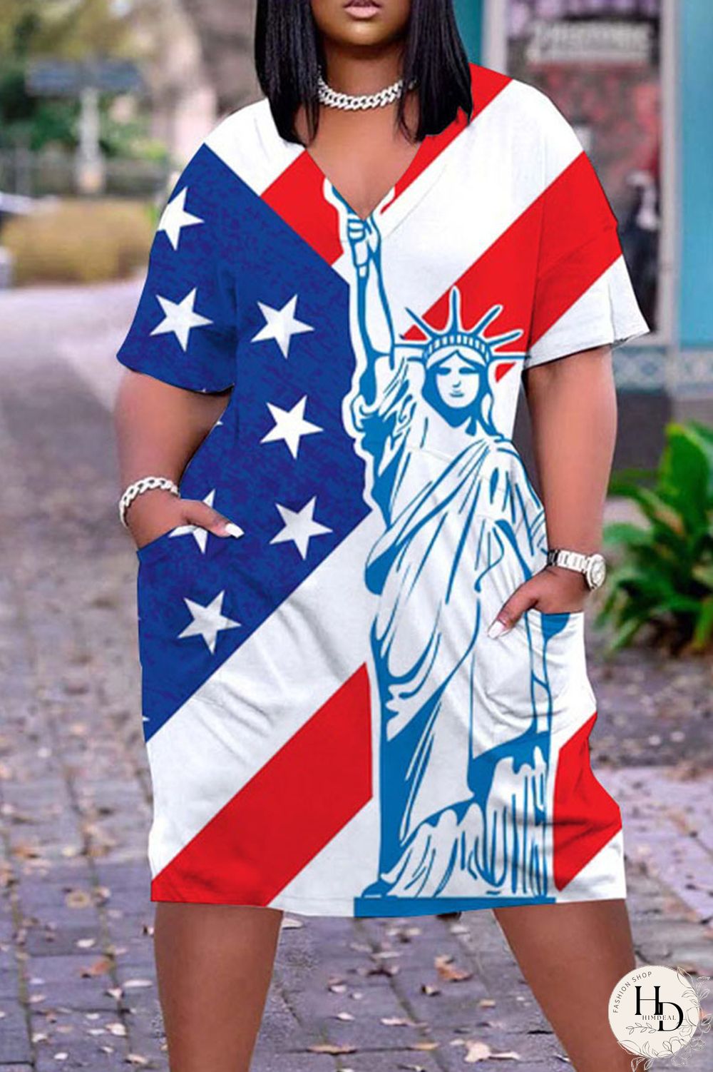 White Blue Red Casual Print Patchwork V Neck Dresses