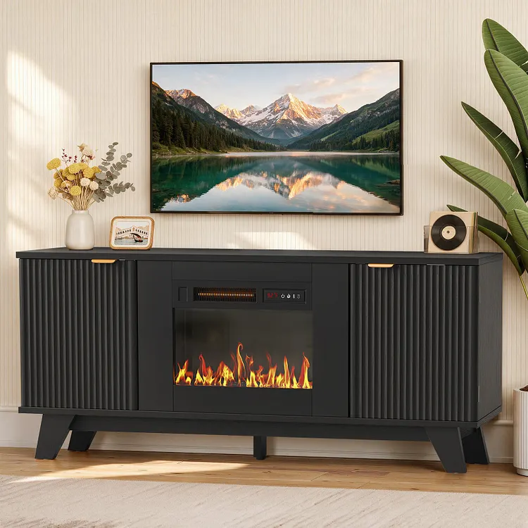 Bestier 59" Fluted Fireplace TV Stand, Entertainment Center with Metal Handles & Adjustable Shelves, Modern Media TV Console Table with Storage for Living Room