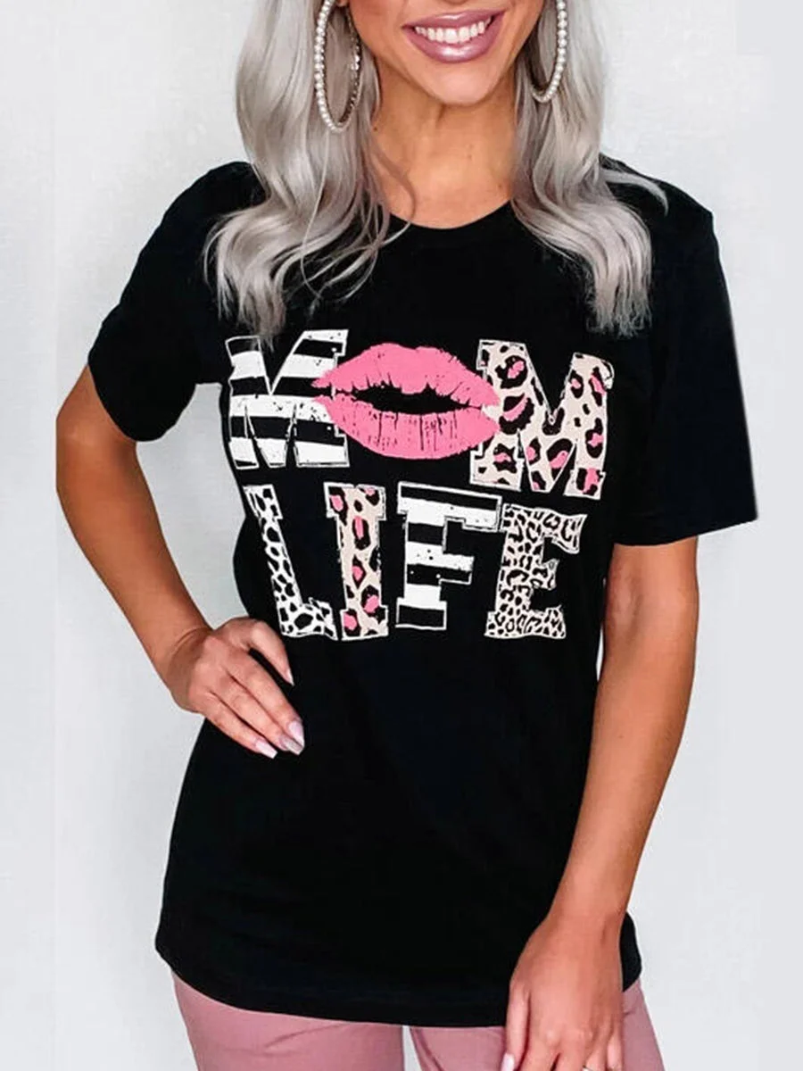 MOM LIFE LIPS Leopard T Shirt