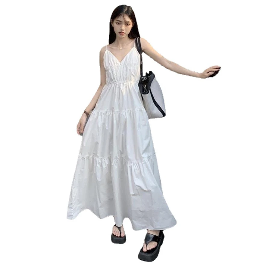 Txplogictic 2025 Vestidos De Mujer Summer Slip Dress For Women Korean White Pleated Robe Femme Backless Bandage Fashion Sweet Maxi Dresses