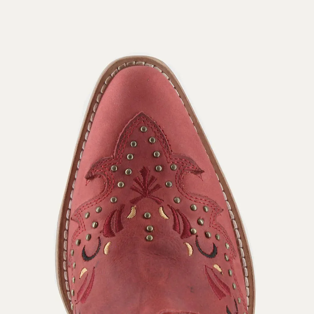 Red Snip Toe Fringe Chunky Heel Embroidered Cowgirl Boots with Studs
