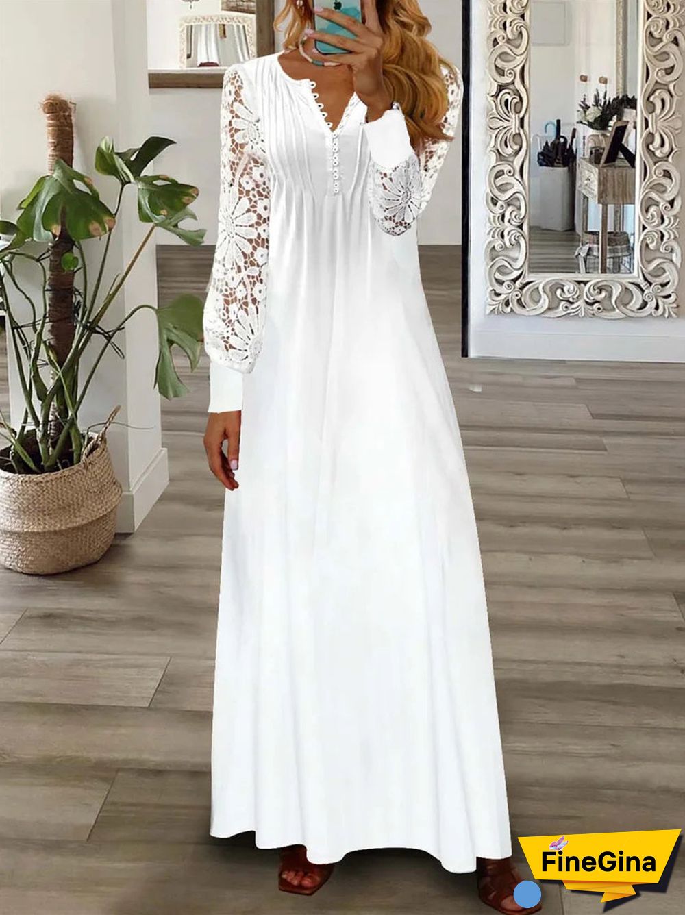 Women's Long Sleeve V-neck Lace Maxi Dress