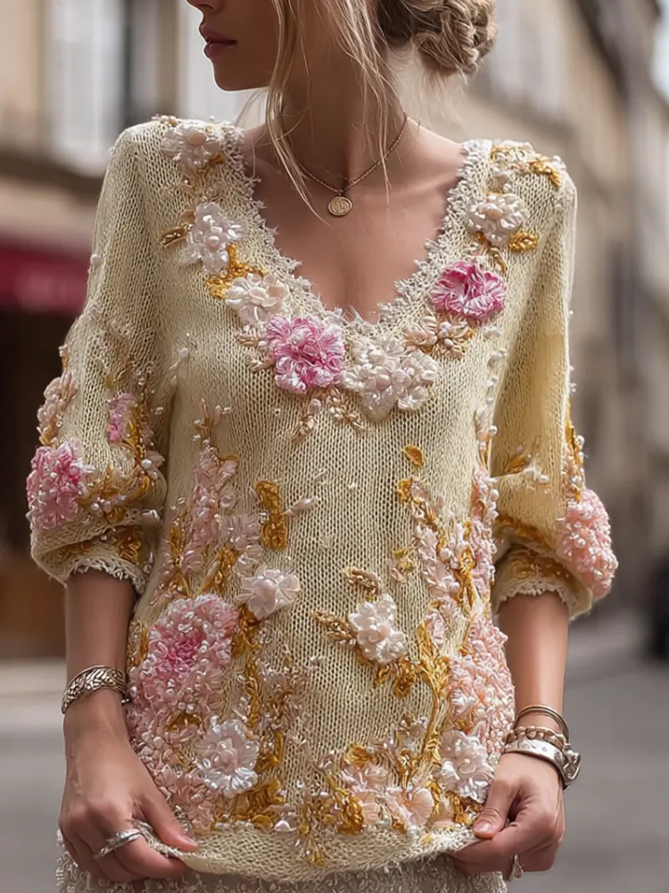 Bohemian Style Floral Embroidery Women's Round Neck Long Sleeve Knitted Sweater