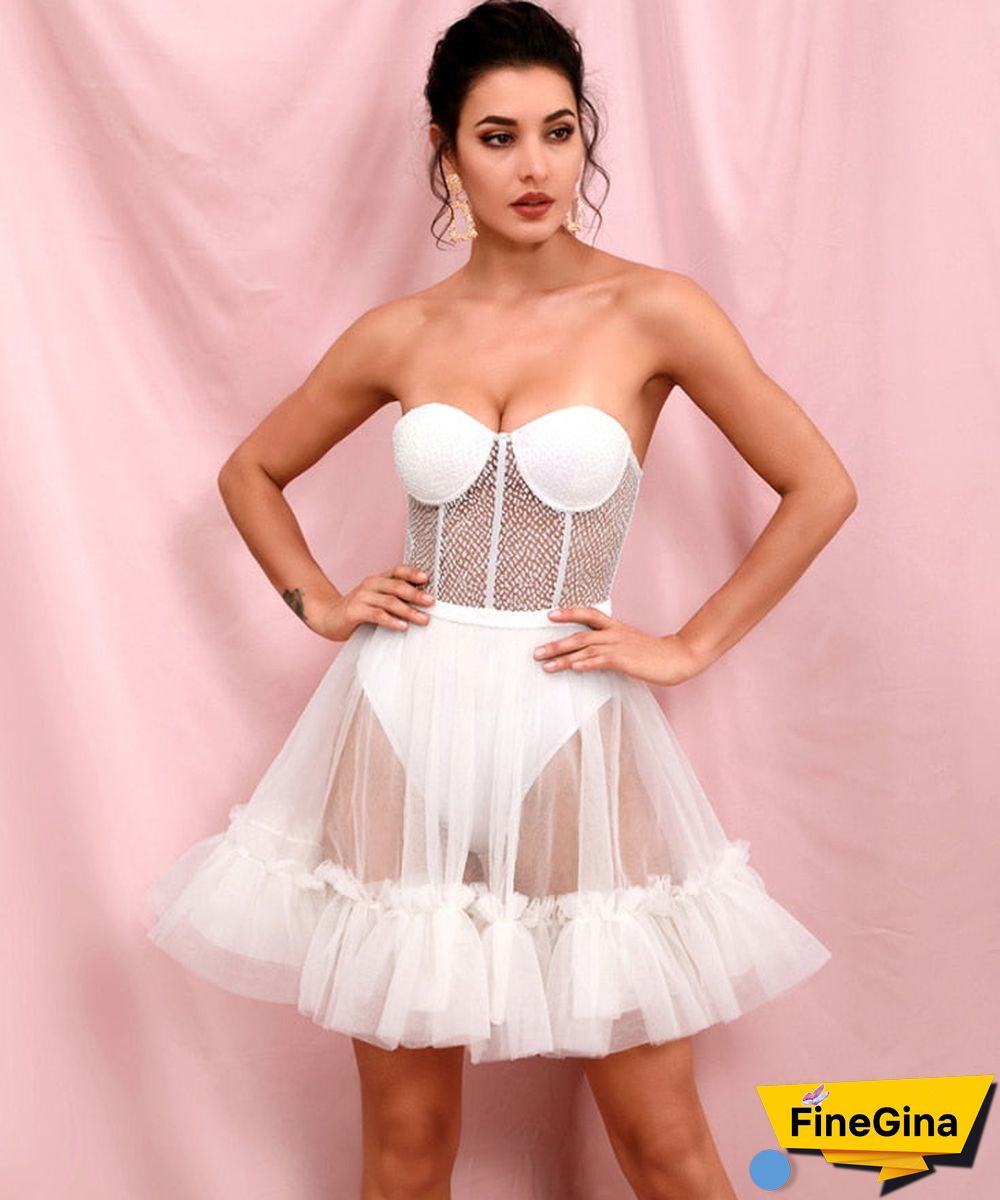 Black Sexy Tube Top Perspective Mesh Fluffy Shape Glitter Glued Party Mini Dress LM82353