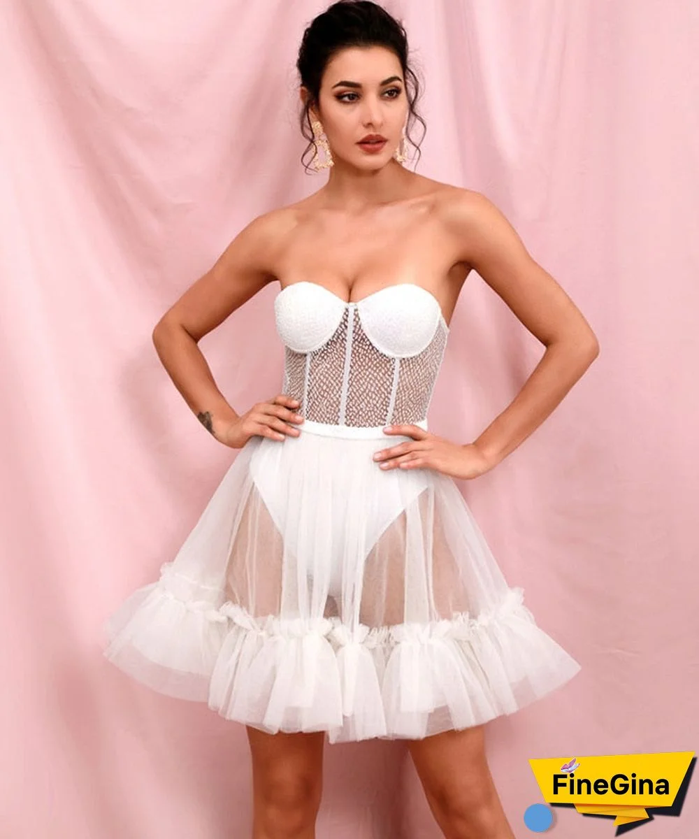 Black Sexy Tube Top Perspective Mesh Fluffy Shape Glitter Glued Party Mini Dress LM82353