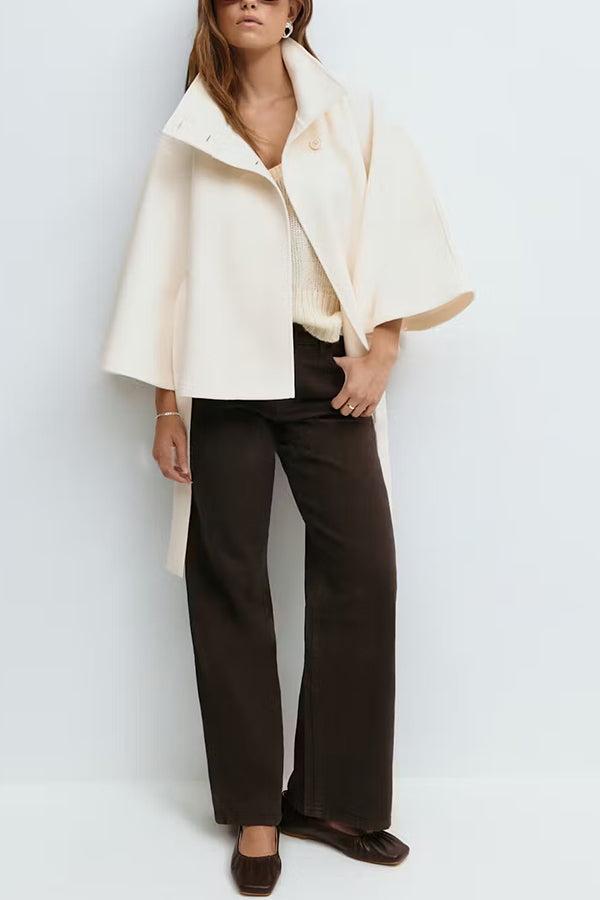 Women's Plain Front Buckle Belted Woolen Cape Coat, Casual Fall & Winter Outerwear, Stylish Daily Wear for Dating, Jackets