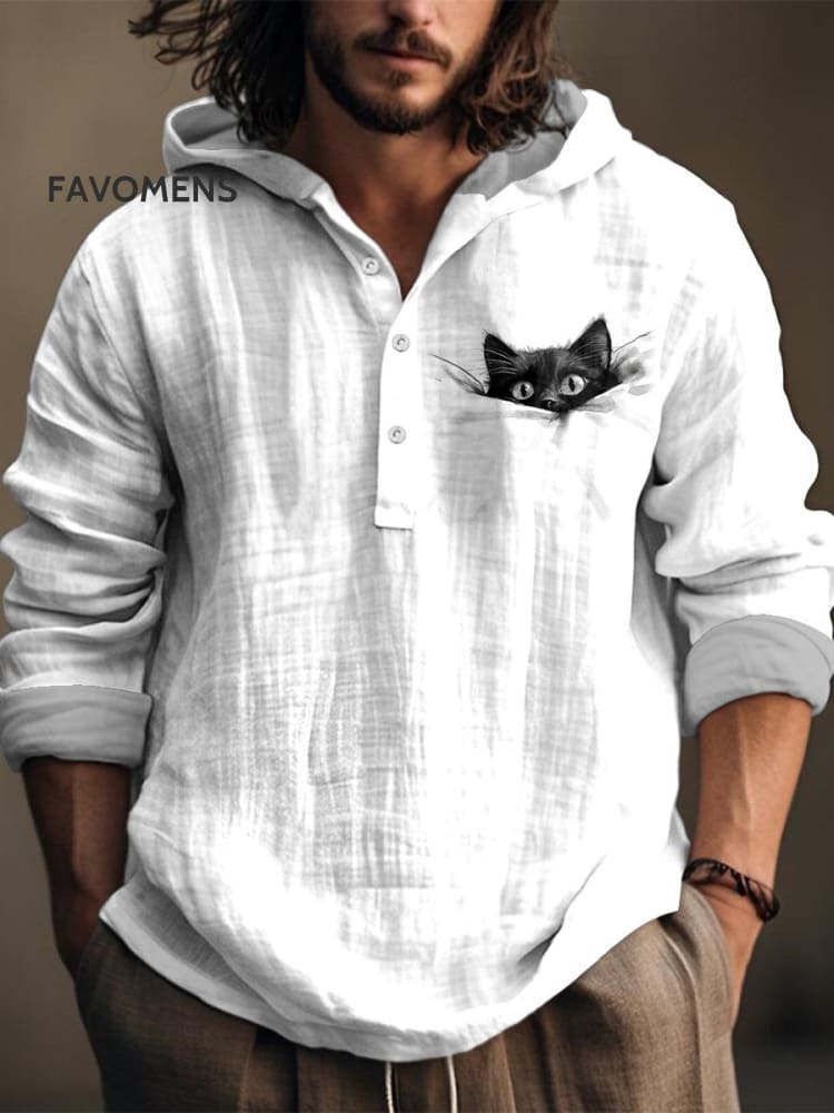 Pocket Black Cat Print Casual Jacquard Shirt Multicolor / S