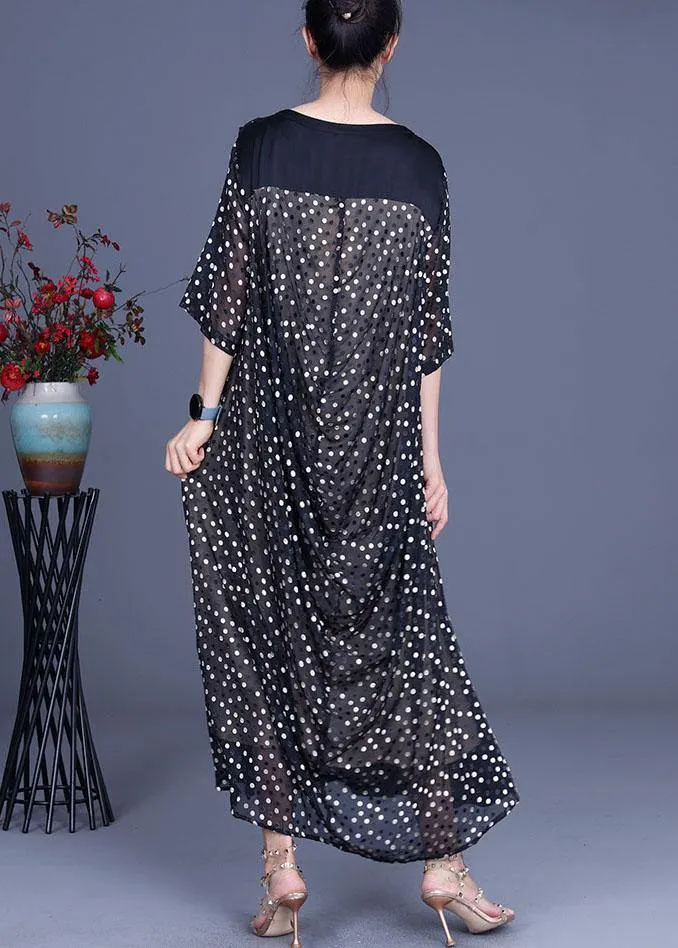 Plus Size Black Patchwork Dot Summer Silk Sundress Half Sleeve