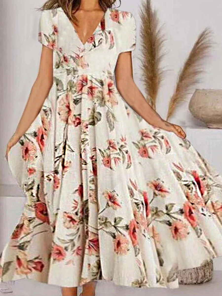V-neck Floral Print Casual Midi Dress