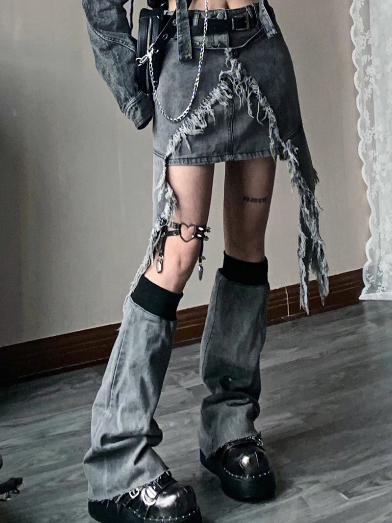 Fashion Women Skirt Set Mini Short Denim Skirt Waist Cape Chain Belt Leg Warmers Grunge Y2K Vintage Streetwear LANFUBEISI